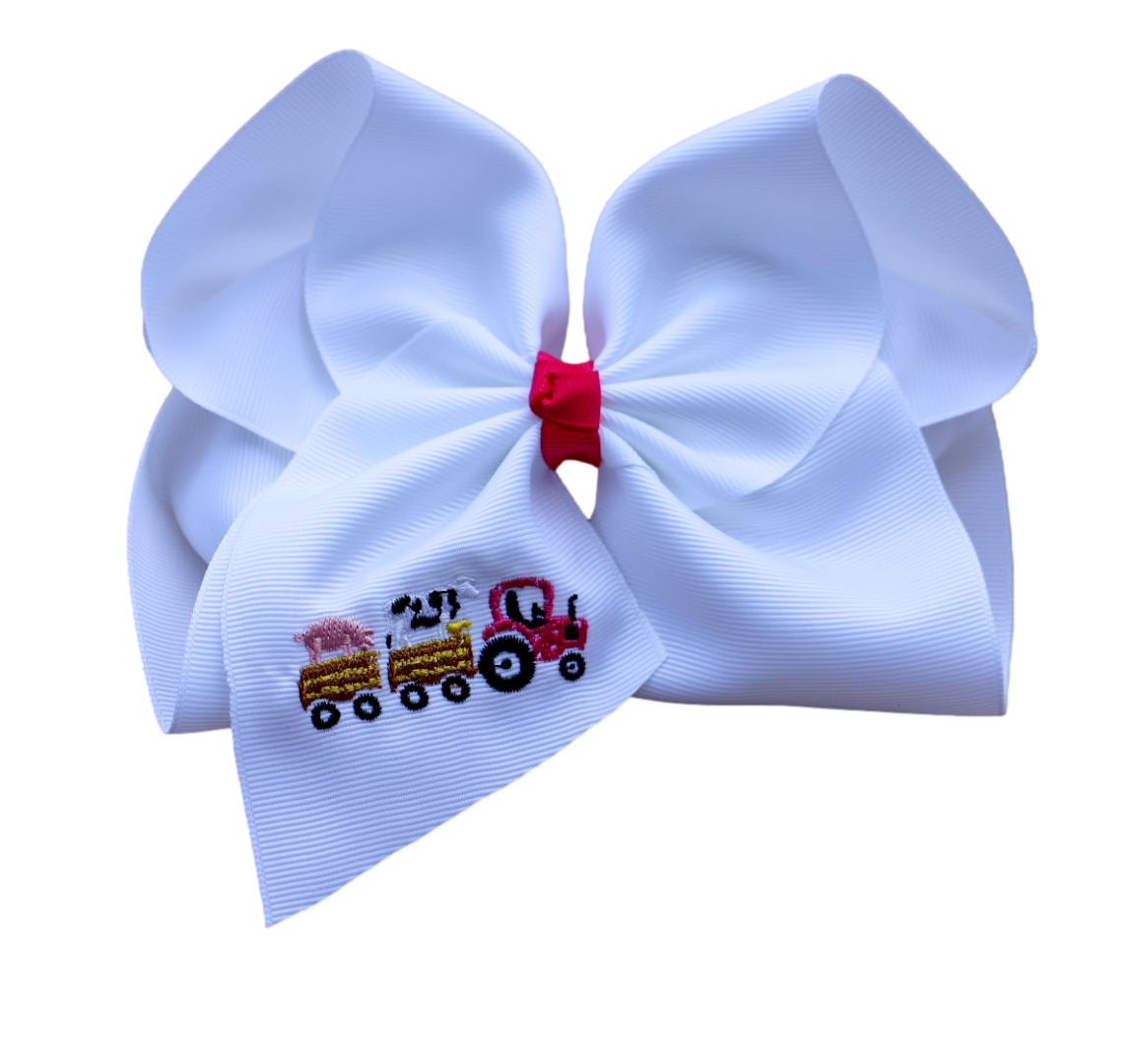 Pink Tractor Embroidered Bow