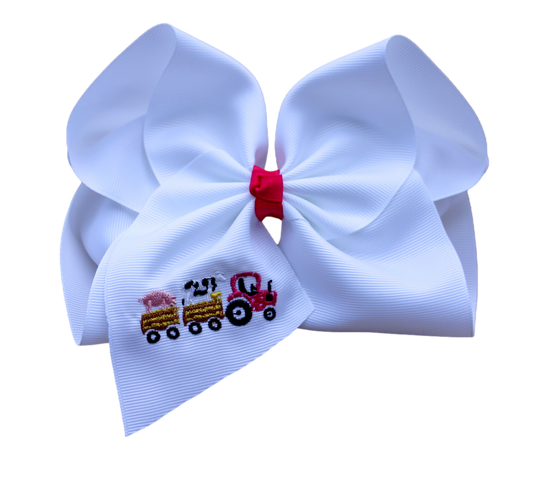 Pink Tractor Embroidered Bow