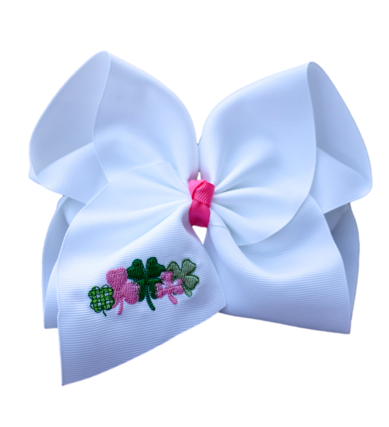 Pink and Green Clovers Embroidered Bow
