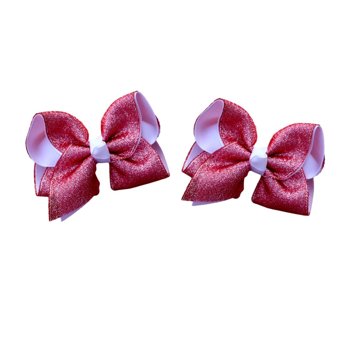 Red & White Glitter Layered Pigtail Bows ( glitter does NOT flake ) Set of 2