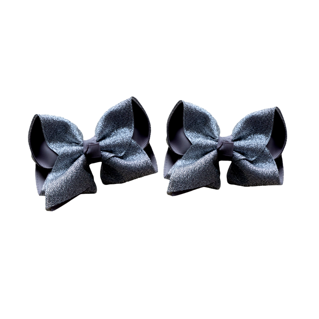 Silver & Silver Glitter Layered Pigtail Bows ( glitter does NOT flake