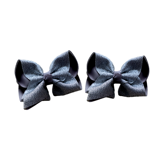 Silver & Silver Glitter Layered Pigtail Bows ( glitter does NOT flake ) Set of 2