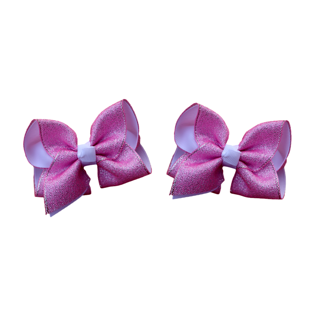 Hot Pink Glitter Layered Pigtail Bows ( glitter does NOT flake ) Set of 2