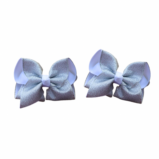 White Glitter Layered Pigtail Bows ( glitter does NOT flake ) Set of 2