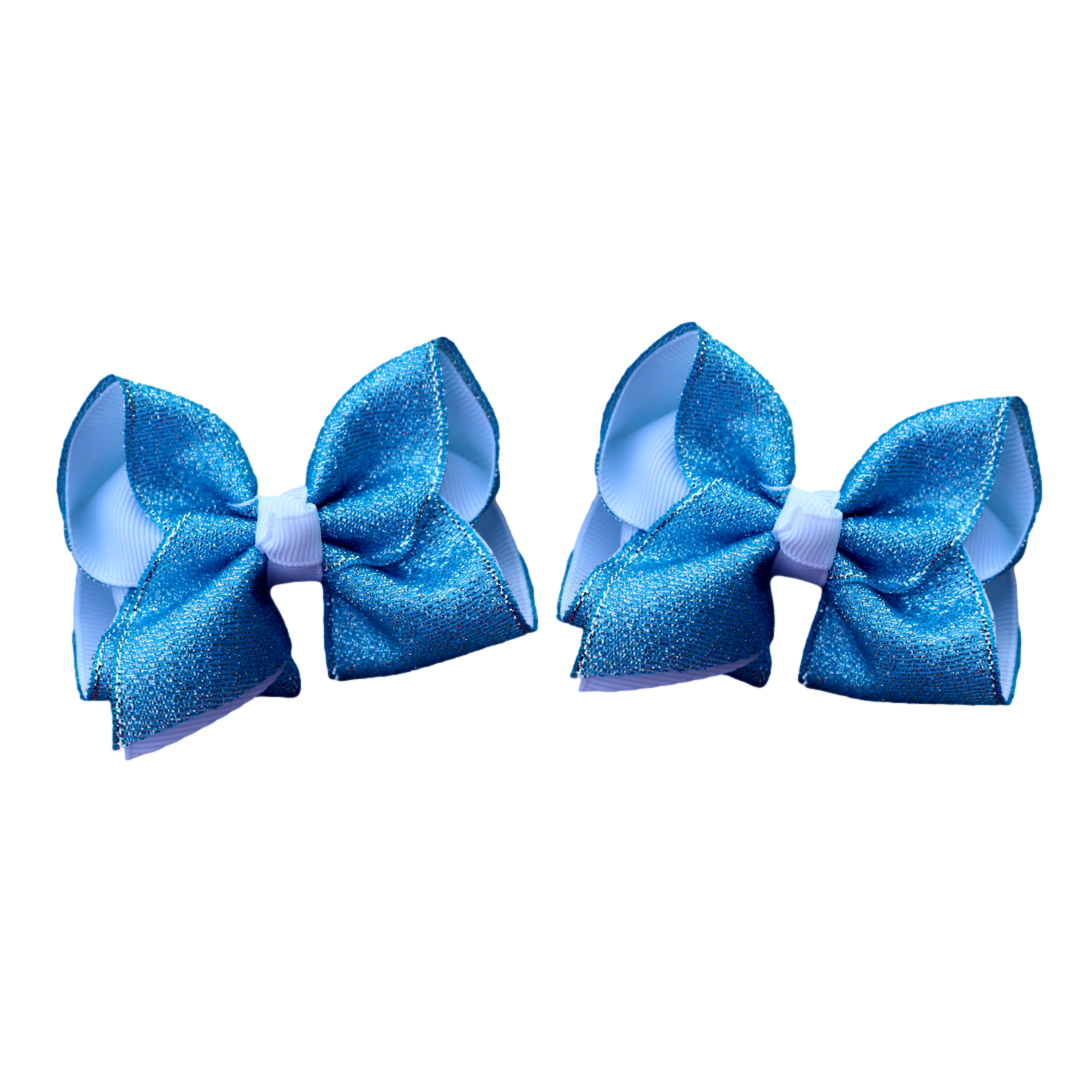 Turquoise & White Glitter Layered Pigtail Bows ( glitter does NOT flake ) Set of 2