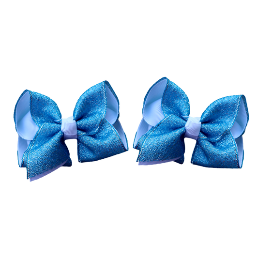 Turquoise & White Glitter Layered Pigtail Bows ( glitter does NOT flake ) Set of 2