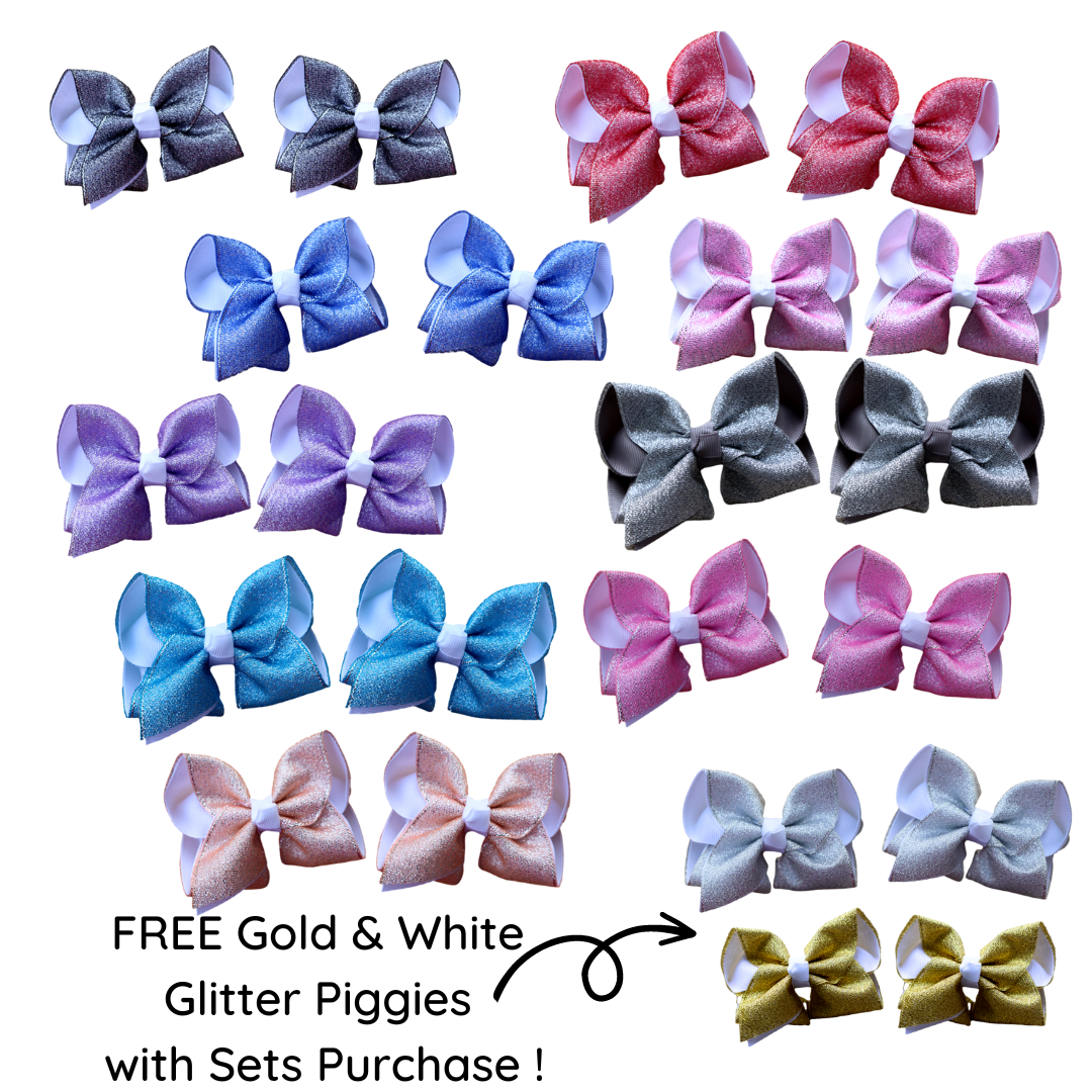 Pigtail Glitter Bows Set- PLUS 2 EXTRA FREE Glitter bow Pigtail Sets