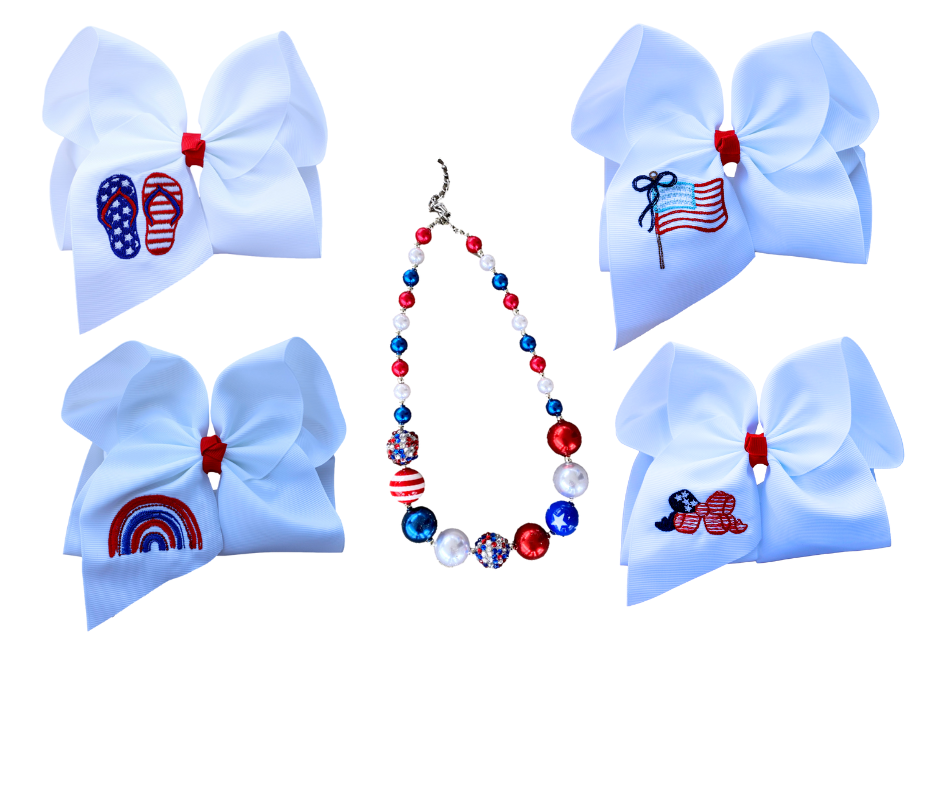 America the Free Bow Set with FREE patriotic necklace.