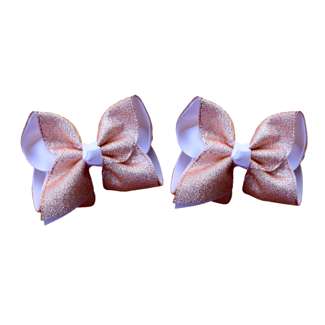 Peach & White Glitter Layered Pigtail Bows ( glitter does NOT flake ) Set of 2