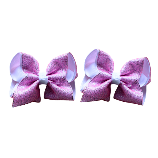 Pink Glitter Layered Pigtail Bows ( glitter does NOT flake ) Set of 2