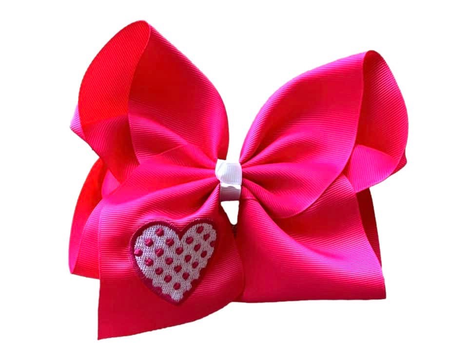 Shocking Pink Hearts Embroidered Bow